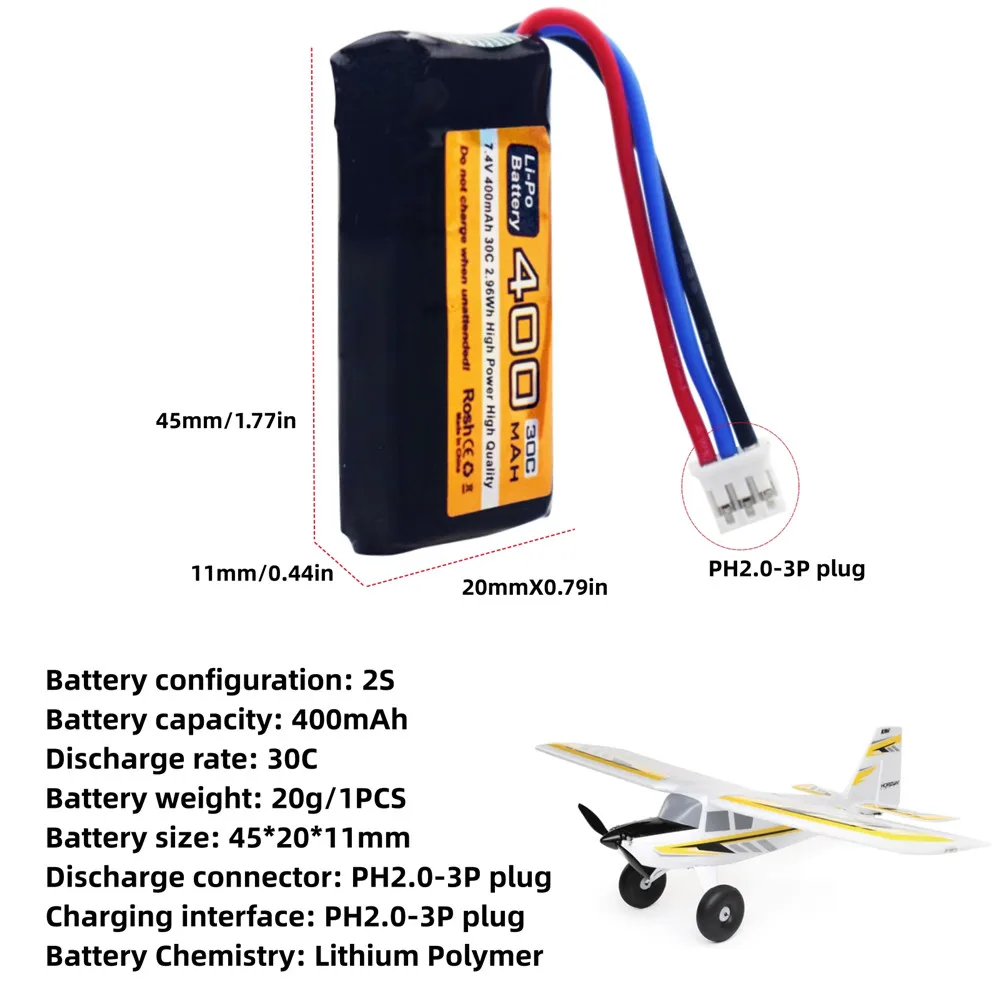 2PCS 7.4V 2S 400mAh 30C Lipo Battery With PH2.0-3P Plug Compatible With UMX 2S Aircraft,Suitable For Glider Fixed Wing Drones
