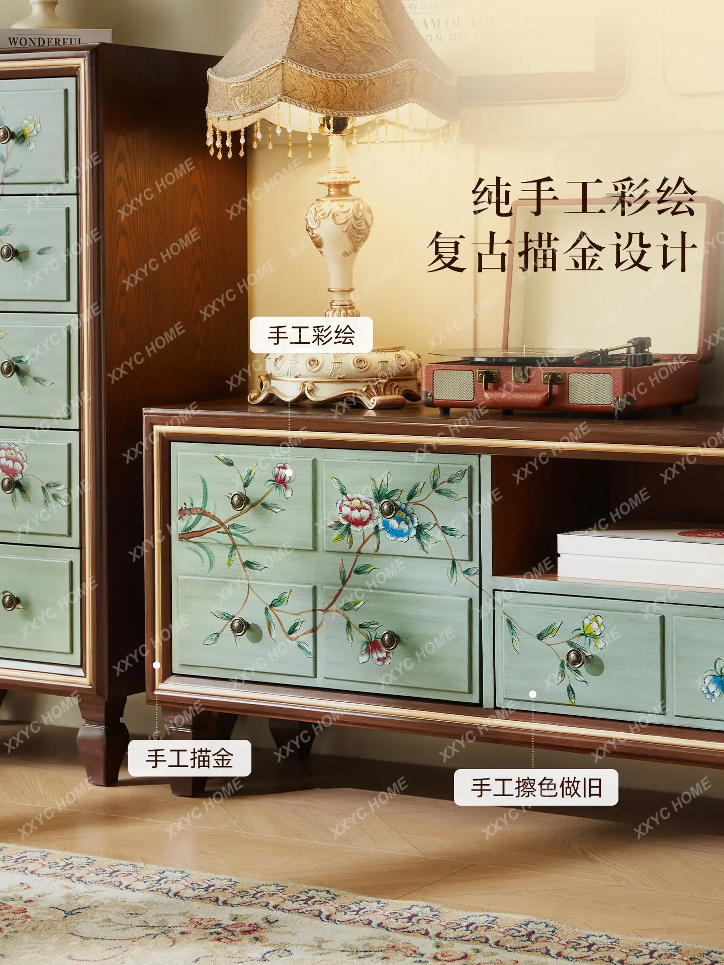 AA Solid wood TV cabinet retro painted living room household small apartment storage locker coffee table