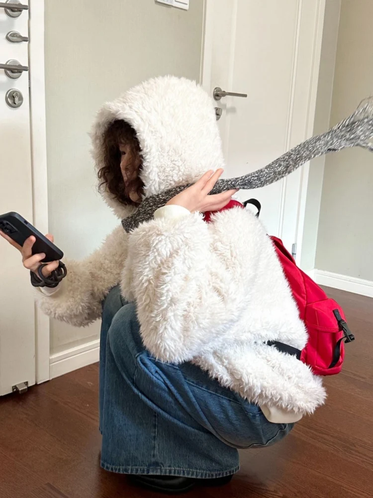 

Зимняя уличная одежда из однотонной овечьей шерсти, теплые куртки с капюшоном Y2k, эстетические повседневные свободные топы с карманами, Harajuku, женские пальто на молнии в стиле гранж