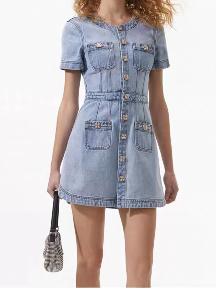 Summer New Fashion Denim Dress for Women Elegant Colorful Diamond Buttons Short Sleeve Pockets O-neck Mini Robe Female 2024