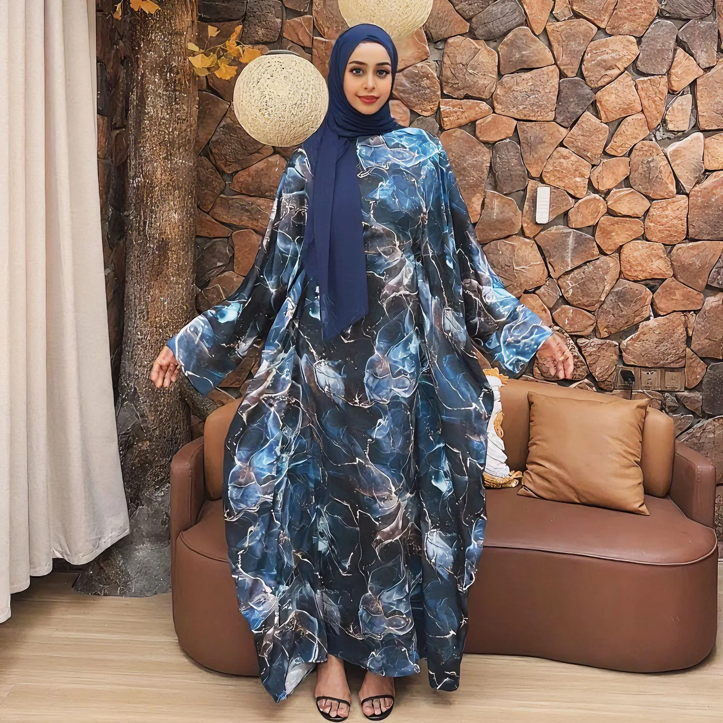 Otoño nueva moda musulmana Abaya vestido Hijab conjunto estilo árabe Dubai Abaya moda impresa Abaya Kaftans vestidos modestos traje