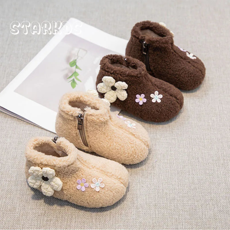 

Flower Applique Lambswool Boots Toddler Kid Side Zipper Thick Teddy Fur Booties Baby Girls Winter Warm Plush Floral Shoes