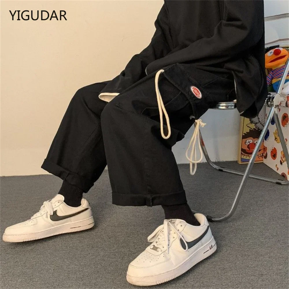 

Мужские брюки-карго, мужские черные брюки-карго в стиле Харадзюку, мужские широкие брюки для мужчин, уличная одежда, мешковатые джинсы, джинсовые брюки, мужские