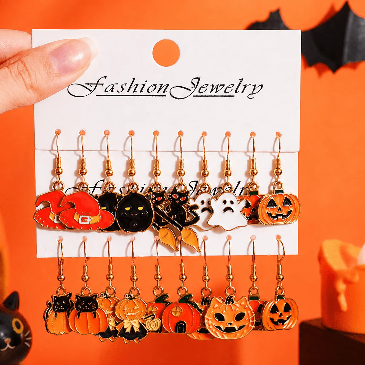 10Pcs New Halloween Dark Style Cartoon Alloy Enamel Pumpkin Ghost Black Cat Dangle Earring Set Halloween Jewelry Gift