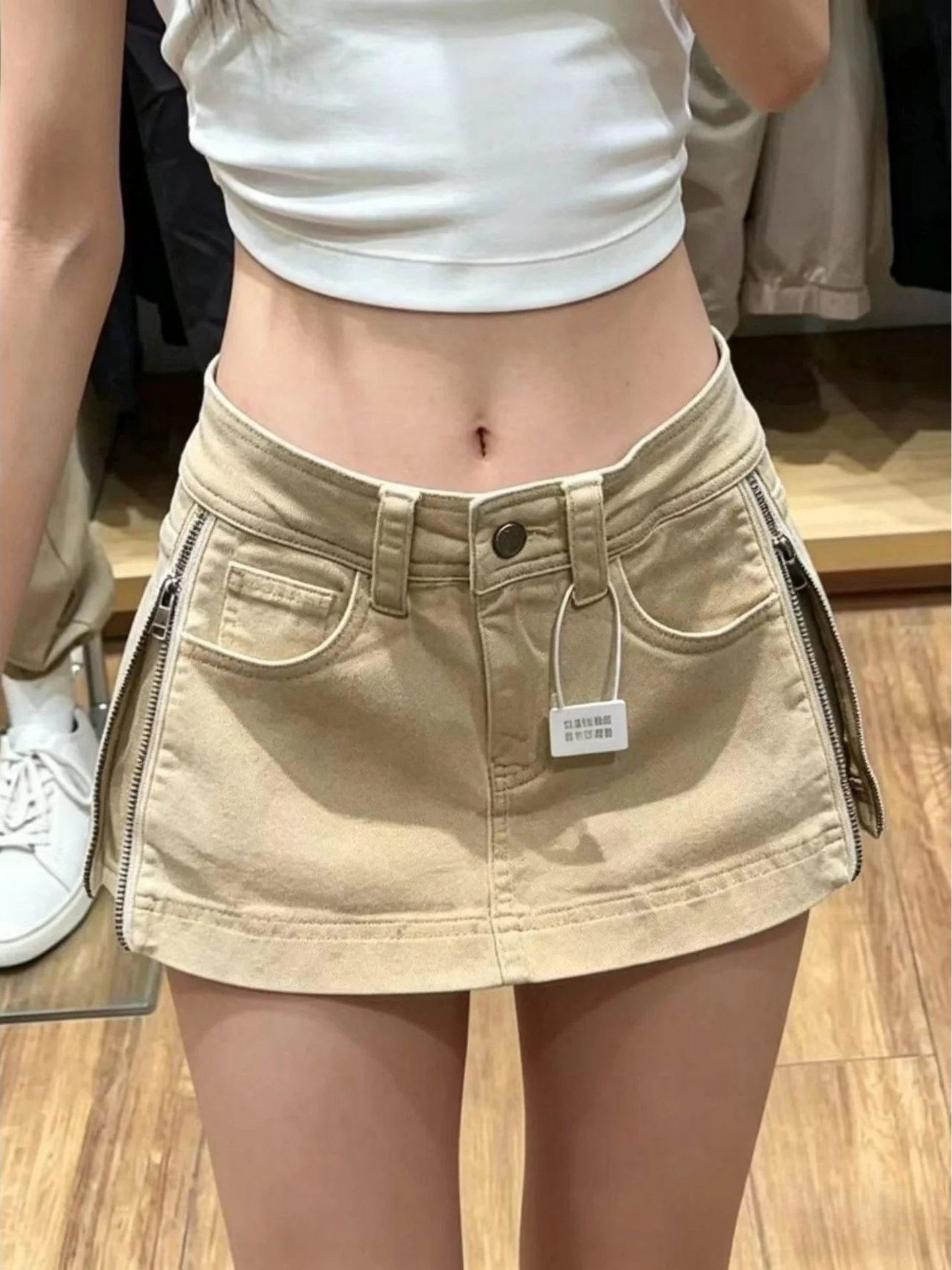 Khaki Double-Sided Zipper Design Denim  Skirt Women's Summer New Style Slimming High Waist A-Line Wraparound Skirt