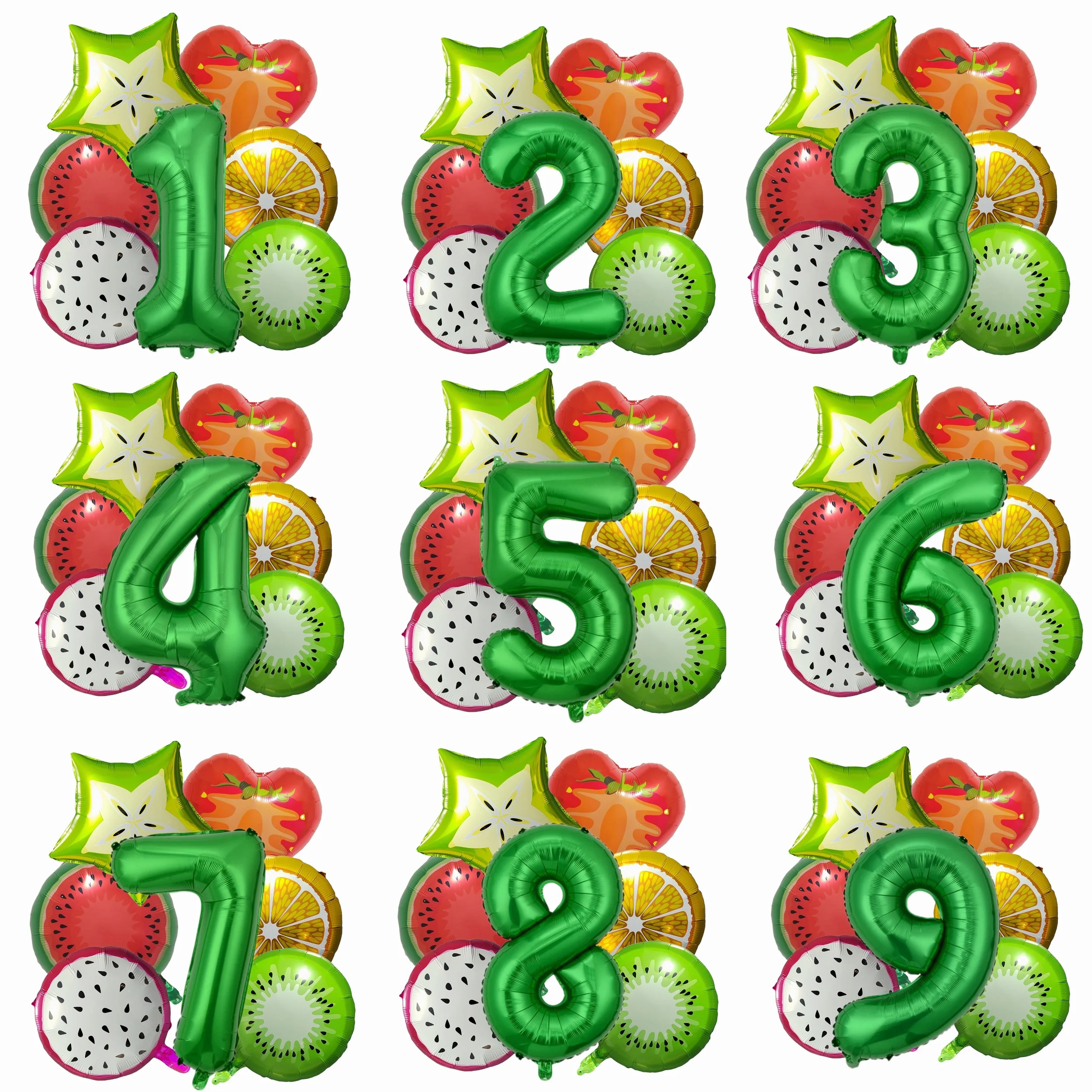 7PCS Summer Fruit Themed Strawberry Pitaya Watermelon Orange Kiwi Numbers Foil Balloons 0-9 Years Old Birthday Party Decorations