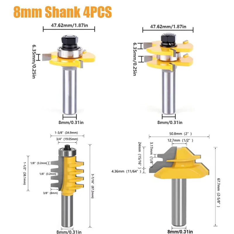 4 Piece Set Woodworking Mill Cutter Tool, 45 Degree Lock Miter Milling Cutter & T-Tongue Slot Cutter & Finger Joint Milling Cutt