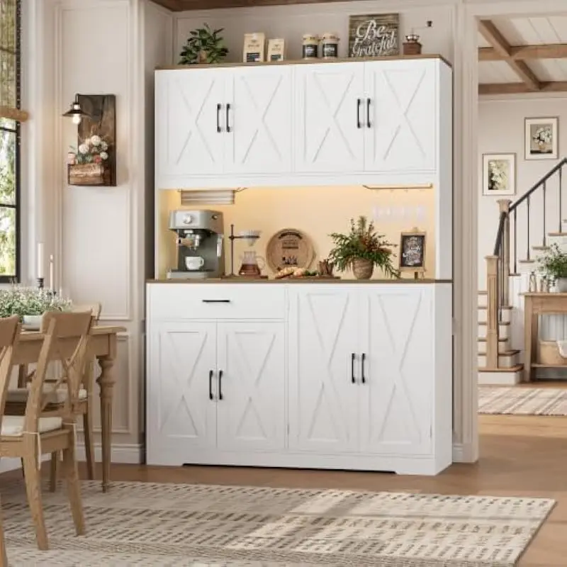 55.1 W x 15.8 D x 72.1 H Inch Engineered Wood Pantry Cabinet Featuring Built-In Power Outlets USB Ports RGB Lighting App Control