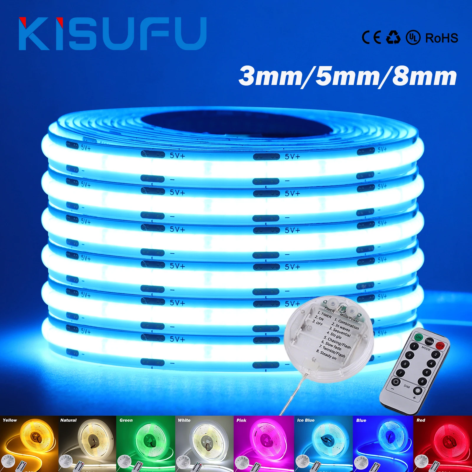 Dimmable 5V COB LED Strip Light With 8 Modes 3AA Battery Box Remote Kit 320LEDs/M 3/5/8MM Flexible Room TV DIY Night Light 1M-5M