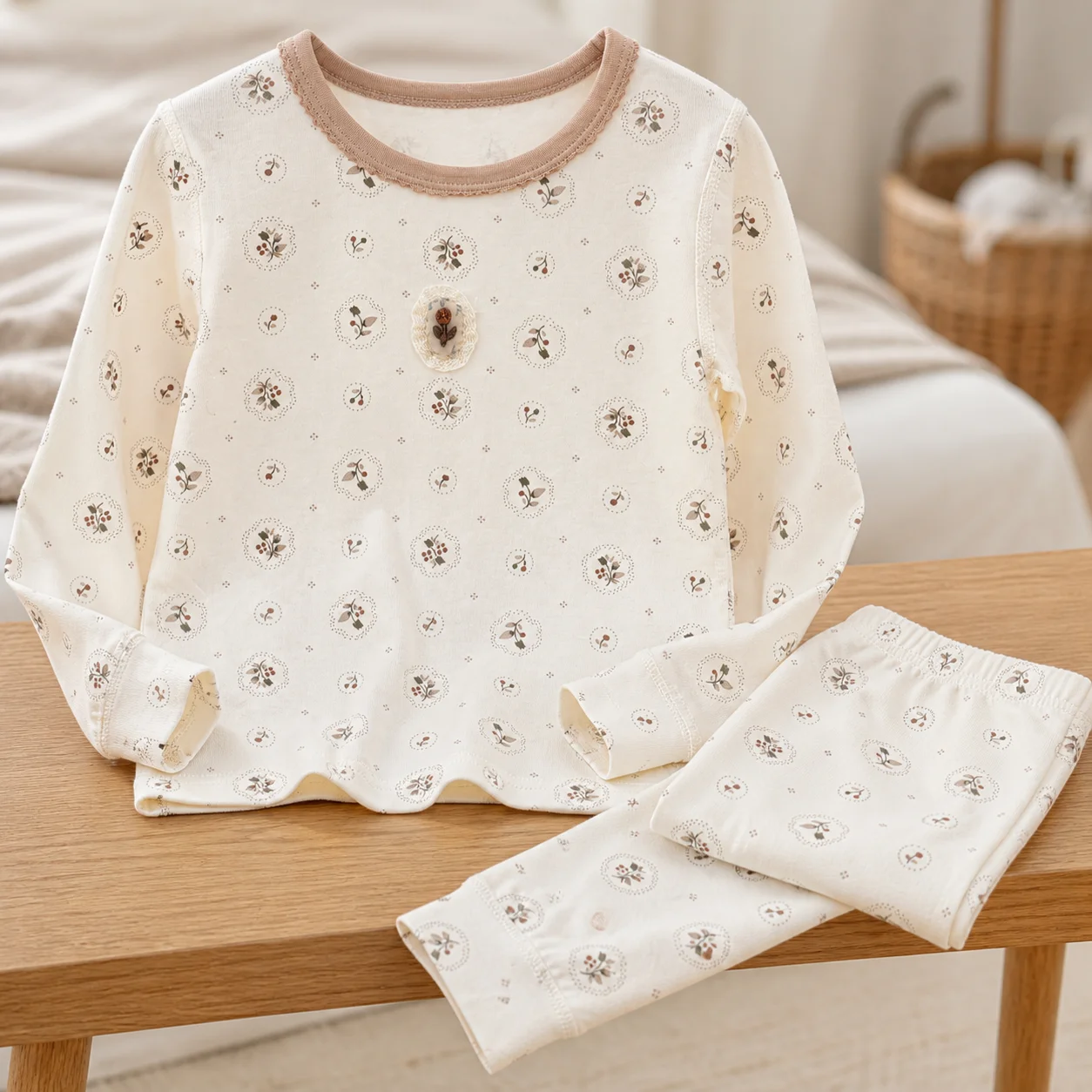 Girls Floral Pajama Set with Contrast Neckline, Long Sleeve Top and Pants, 2-Piece Loungewear
