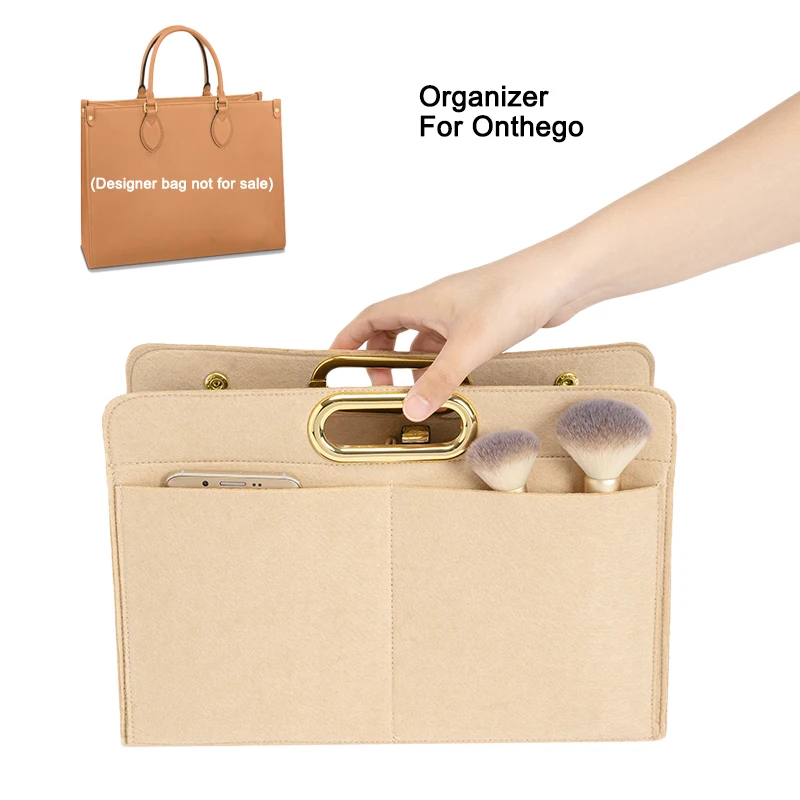 For On the Go PM MM GM Felt Bag Organizer With Gold Handle,Tote Inner Purse Insert, Cosmetic Makeup Pouch Handbag Onthego Liner