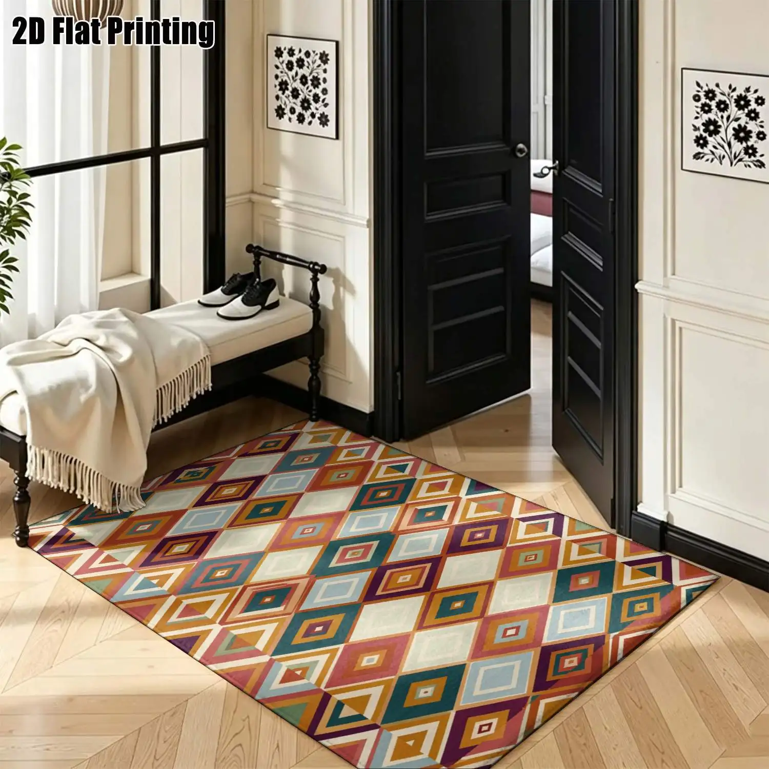 1Pc 2D Printed Warm Brown Retro Geometric Carpet: Bohemian, Simple Geometric, Home Decor Rug, Multi-Size, Machine Washable, for Entryway, Dining Room, Bedroom, Living Room, Study