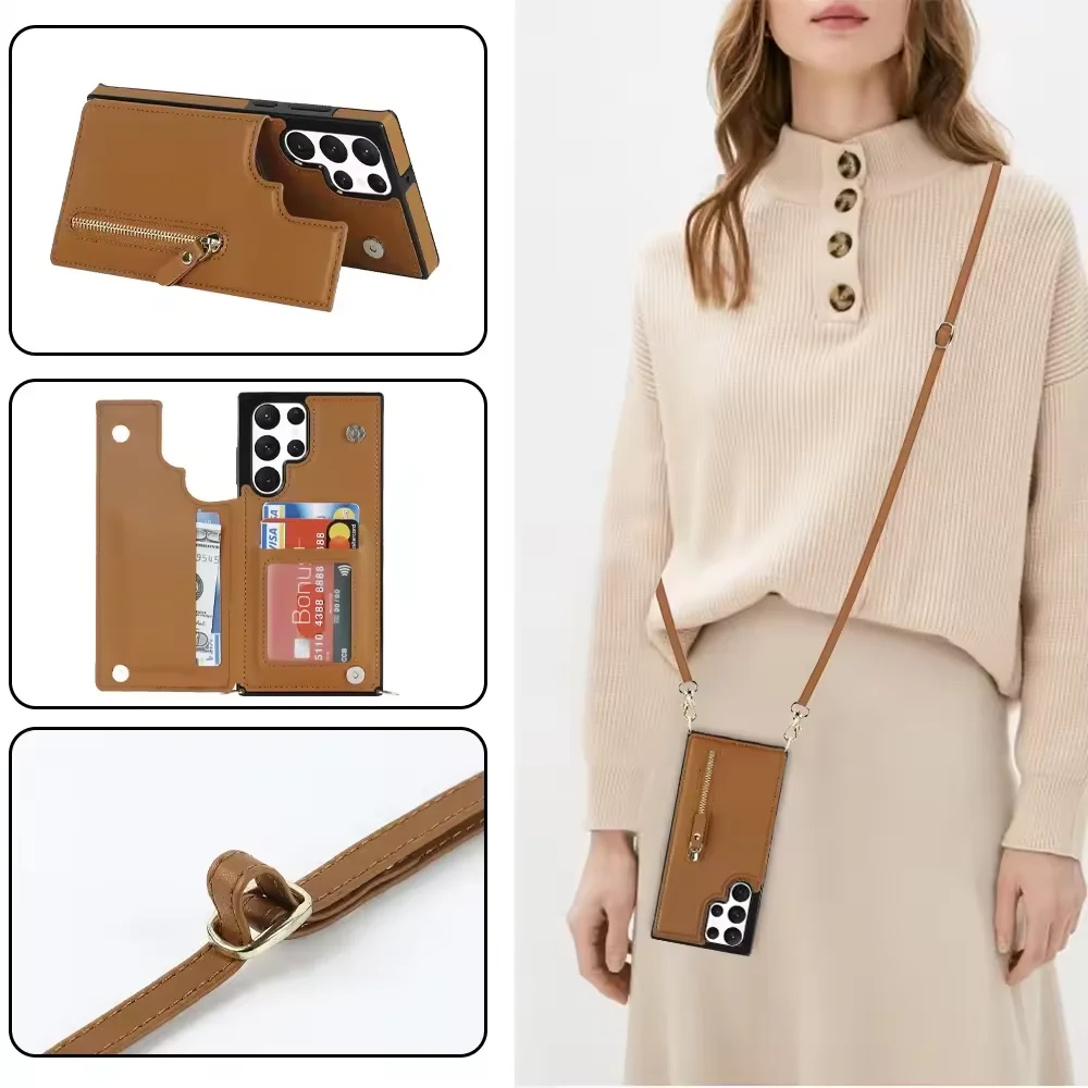 

Crossbody Phone Case for Samsung Galaxy S21 FE S22 S23 S24 Plus S25 Ultra RFID Blocking Protect Card Holder Wallet Leather