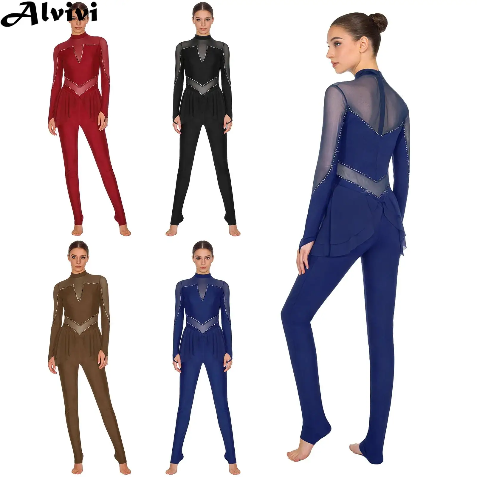 

Женский комбинезон для фигурного катания, гимнастика, акробатика, балетный танцевальный купальник с длинными рукавами, прозрачная сетка со стразами, комбинезон, танцевальная одежда