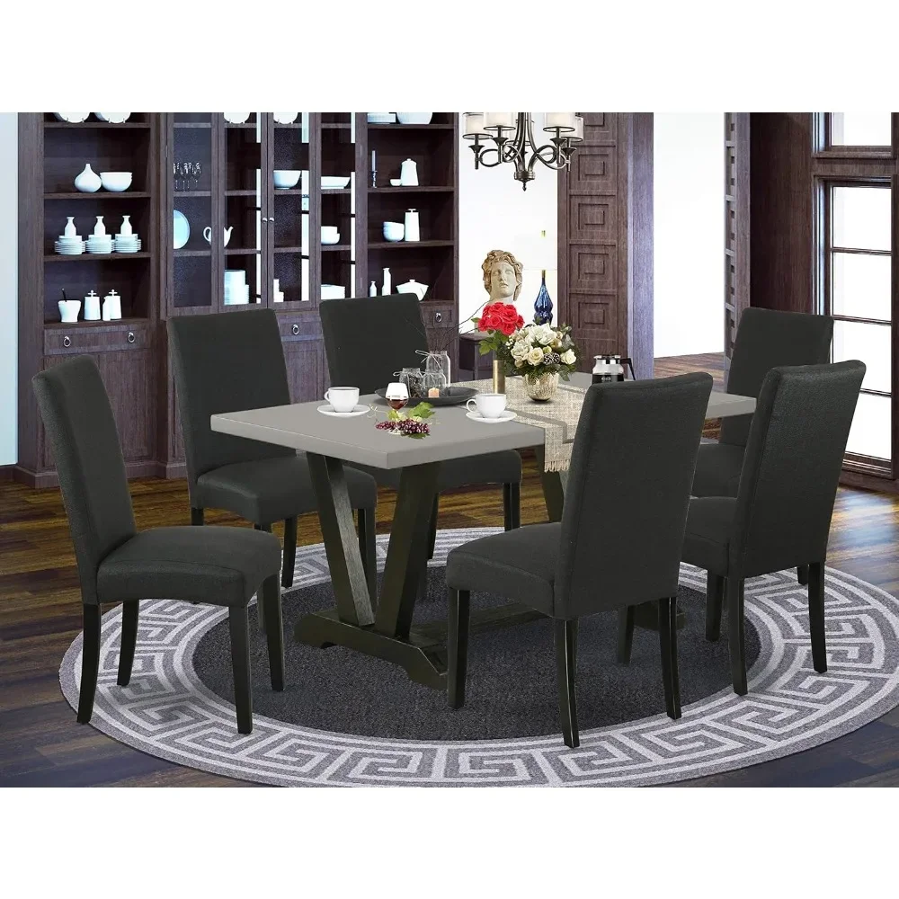 

Dining Tables, 7 Piece Set Consist of A Rectangle Dinings Room Table with V-Legs and 6 Black Color Linen, Dining Tables