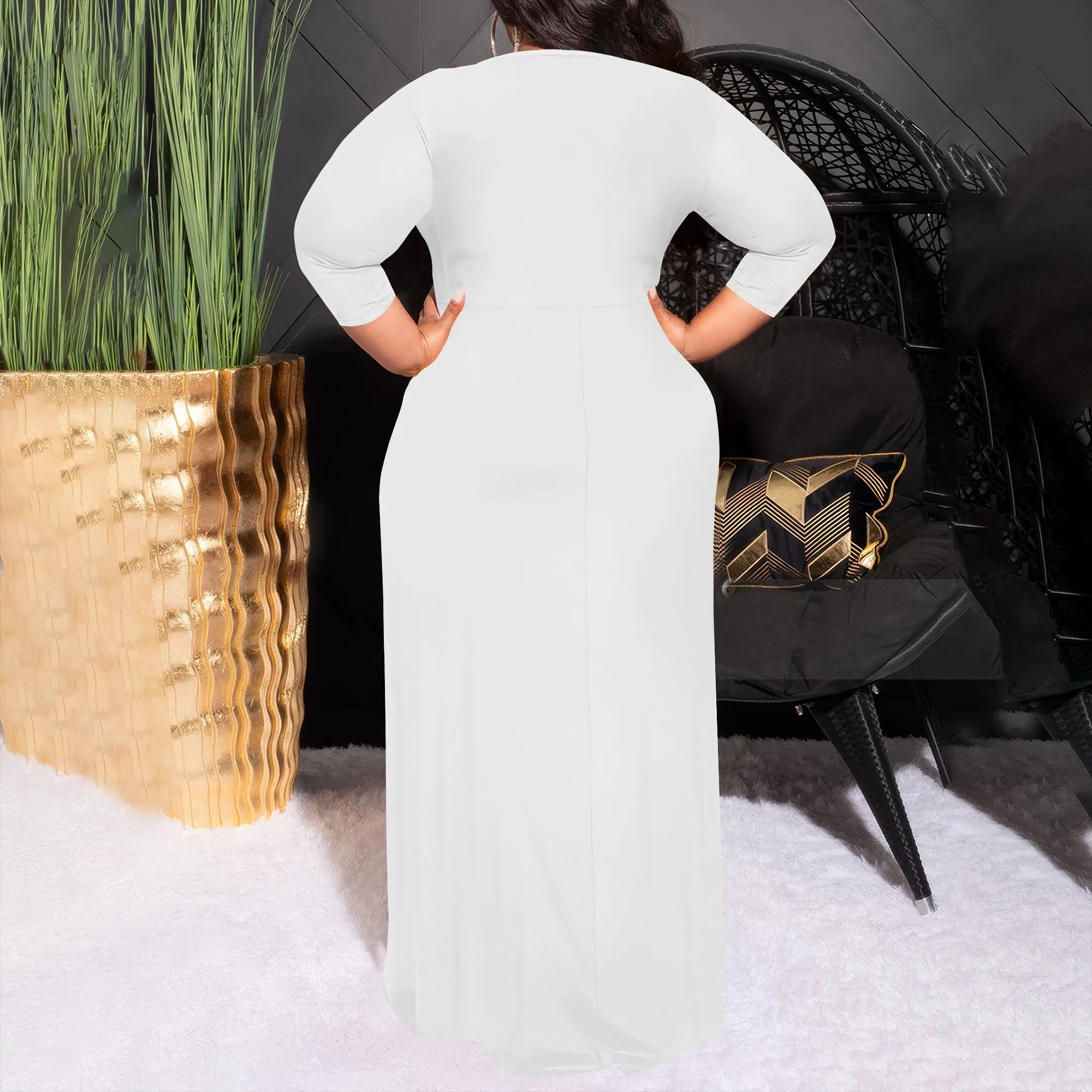 Plus Size Plain White Long Sleeve Maxi Dress for Women Elegant Casual Dress with Belt