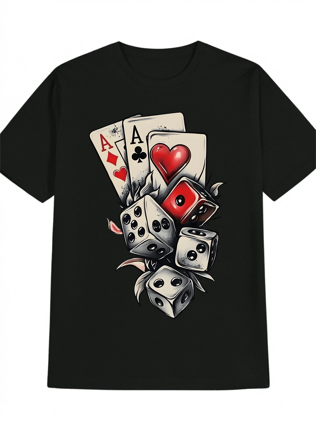 Men's Casual Round-neck T-shirt with Poker Dice Print, Soft and Comfortable Wrinkle-resistant Top, Machine Washable and Pill-resistant, Quick-drying and Easy-care Short-sleeve T-shirt with High Cost-effectiveness, Durable and Shape-retaining
