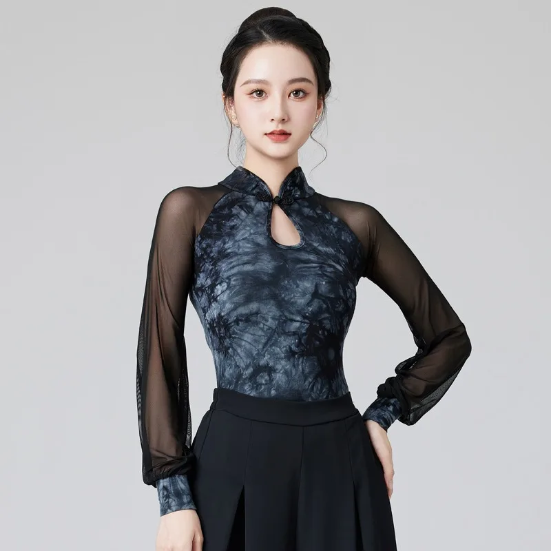 

Customized Latin Dance Top Adult Chinese Ancient Style Practice Costume Social Modern Dance Long Sleeved Top for Women