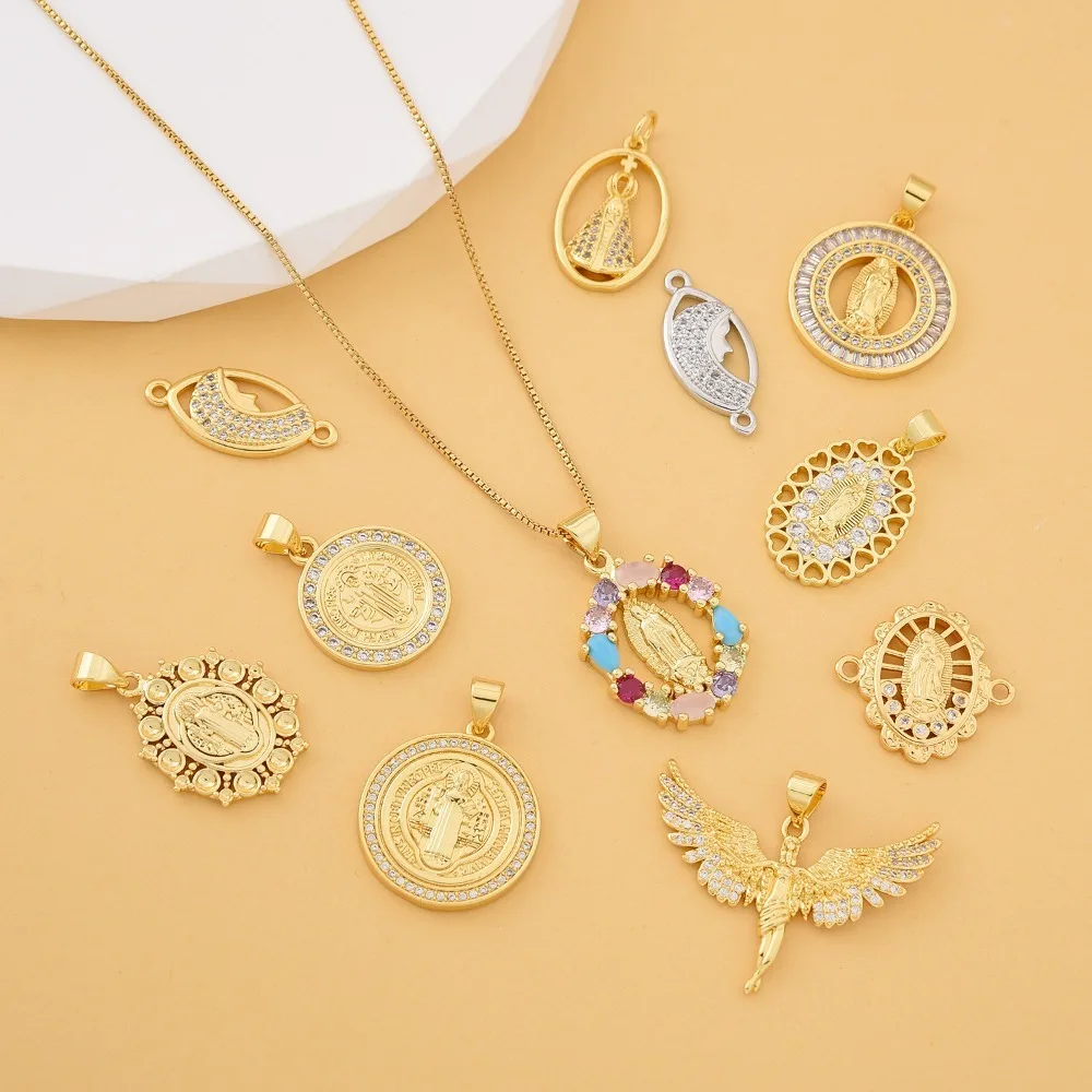 2 Pcs Copper Gold Plated Saint Mary Pendant DIY Bracelet Necklace Making Round Oval Micro Inlay Zircon Hollow Jewelry Accessorie