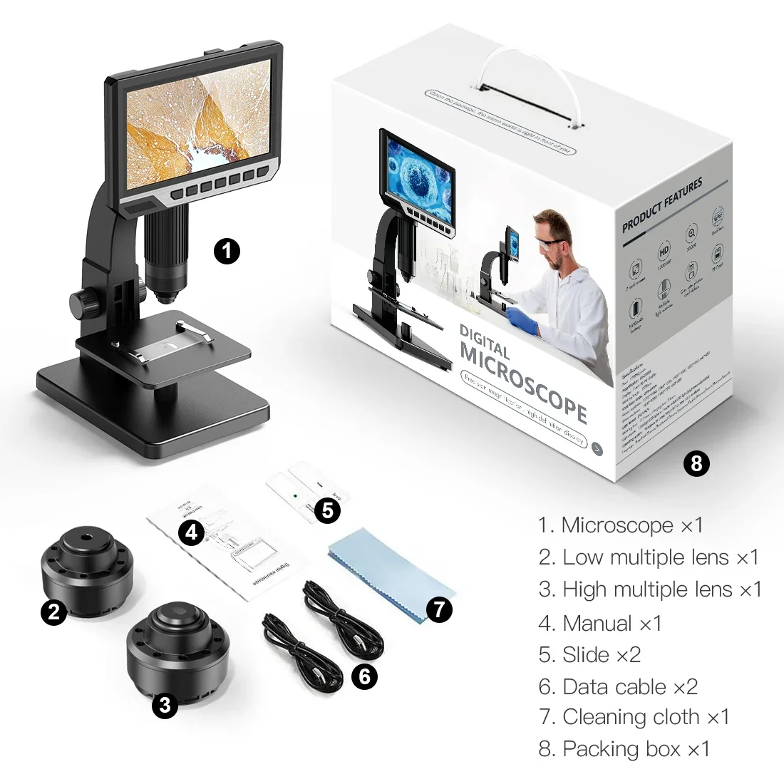 7 Inch High-definition Screen 2000x Digital Multiple Lens Microscope 1200w Pixels Wonderful Journey of Microworld Observation
