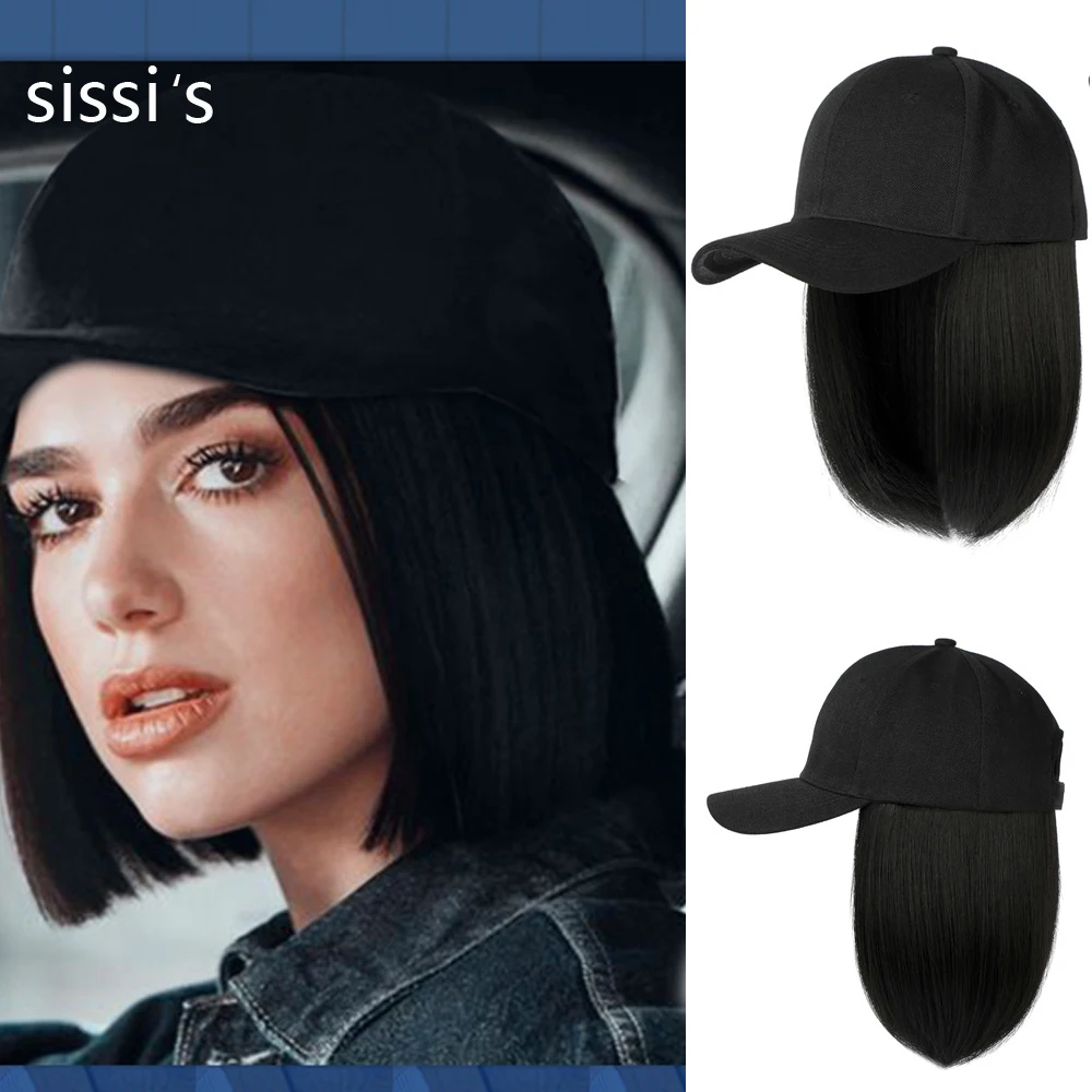 

Synthetic Baseball Cap Wig Short Bob Wig Black Hat Wigs Cap With Hair Naturally Connect Bob Hair Baseball Cap Adjustable