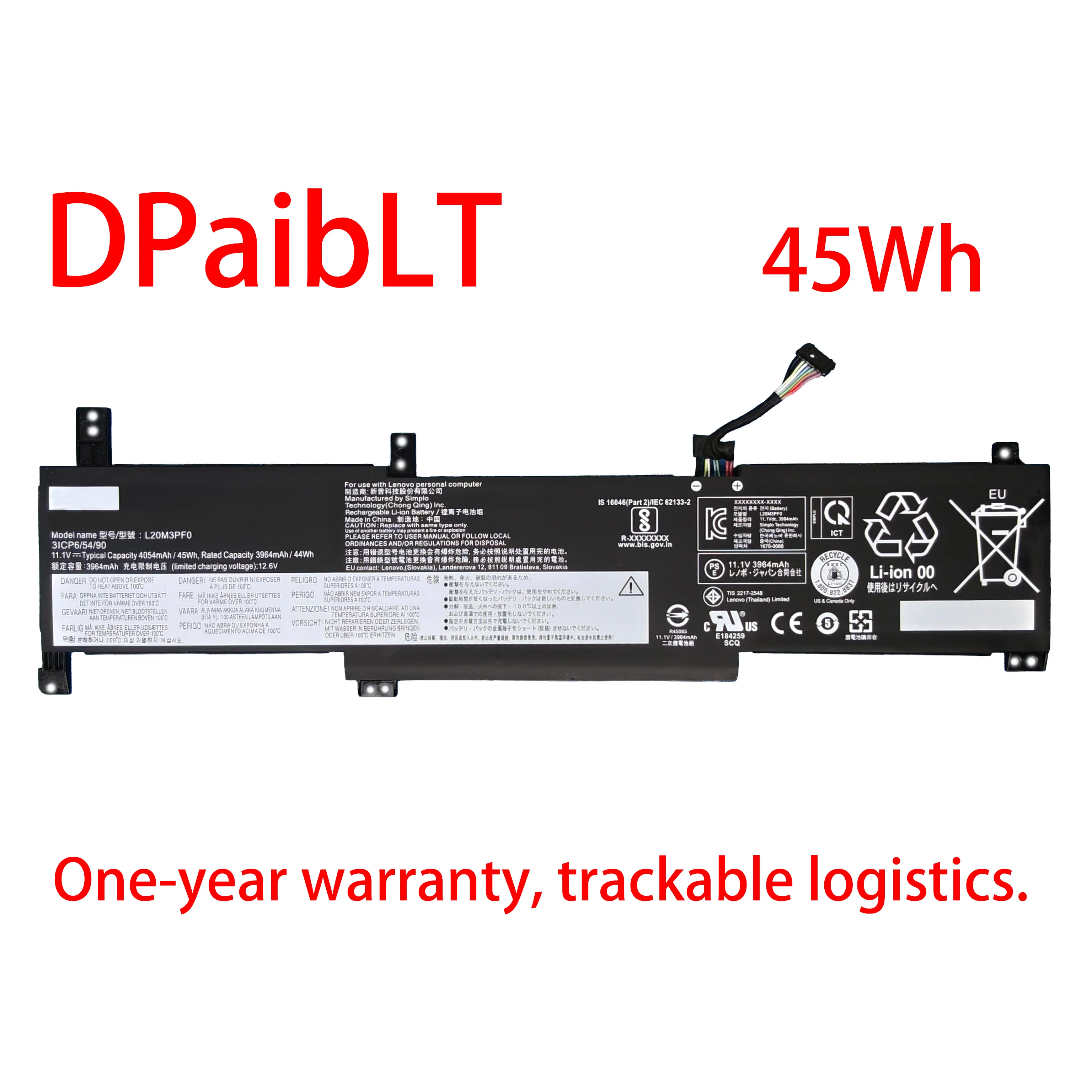 

DPaibLT 11.1V 45Wh L20M3PF0 LAPTOP BATTERY For Lenovo IdeaPad 3-14ITL6 15ITL6 17ALC6 L20L3PF0 L20C3PF0 5B11B36279 3ICP6/54/90