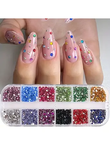 12 Grid Shimmering Crystal Nail Art Rhinestones - Flatback Gemstones for Versatile Decoration - Adorns Nails Shoes Makeup Bags