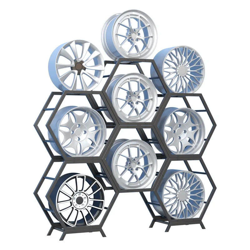 Expositor de llantas de coche, expositor de anillos de acero hexagonales, expositor de llantas tipo panal, campana de acero, campana de coche