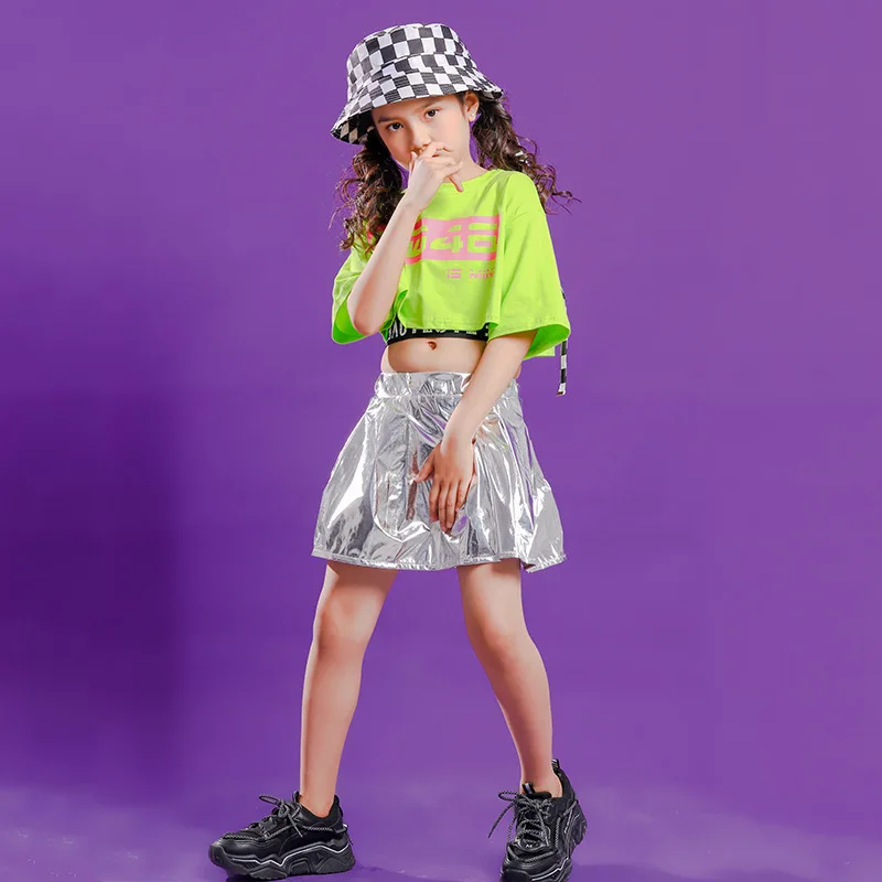 Mädchen Hip Hop Straßenkleidung Grün Crop Tops Silber Lederrock für Kinder Streetwear Kostüm Jazz Dance Kleidung