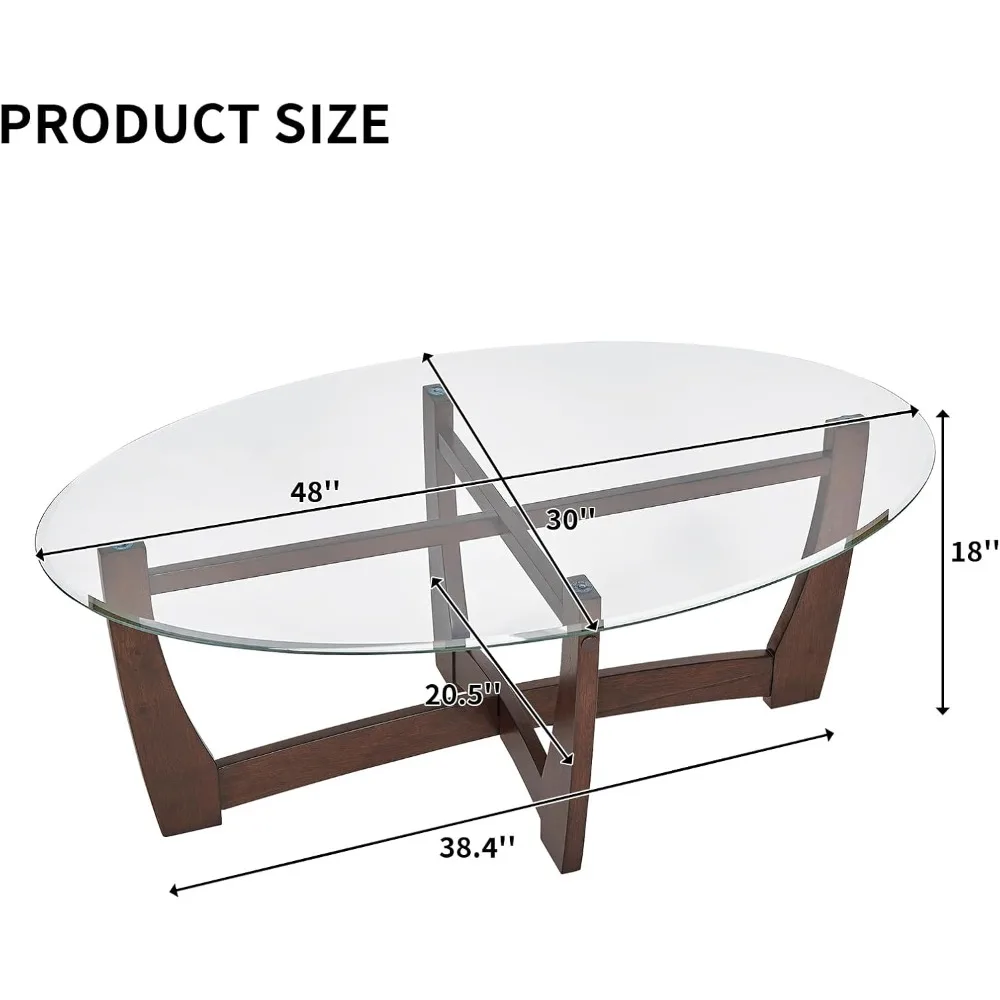 Modern Oval Tempered Glass Coffee Table with Solid Wood Base for Living Room, Simple & Stylish Center Table
