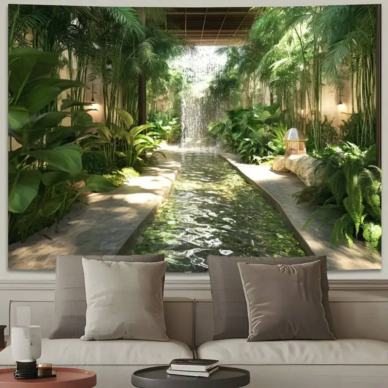 Tropischer Dschungel-Wasserfall-Wandteppich – üppiger grüner Garten-Stream-Wandbehang zum Entspannen als Heimdekoration
