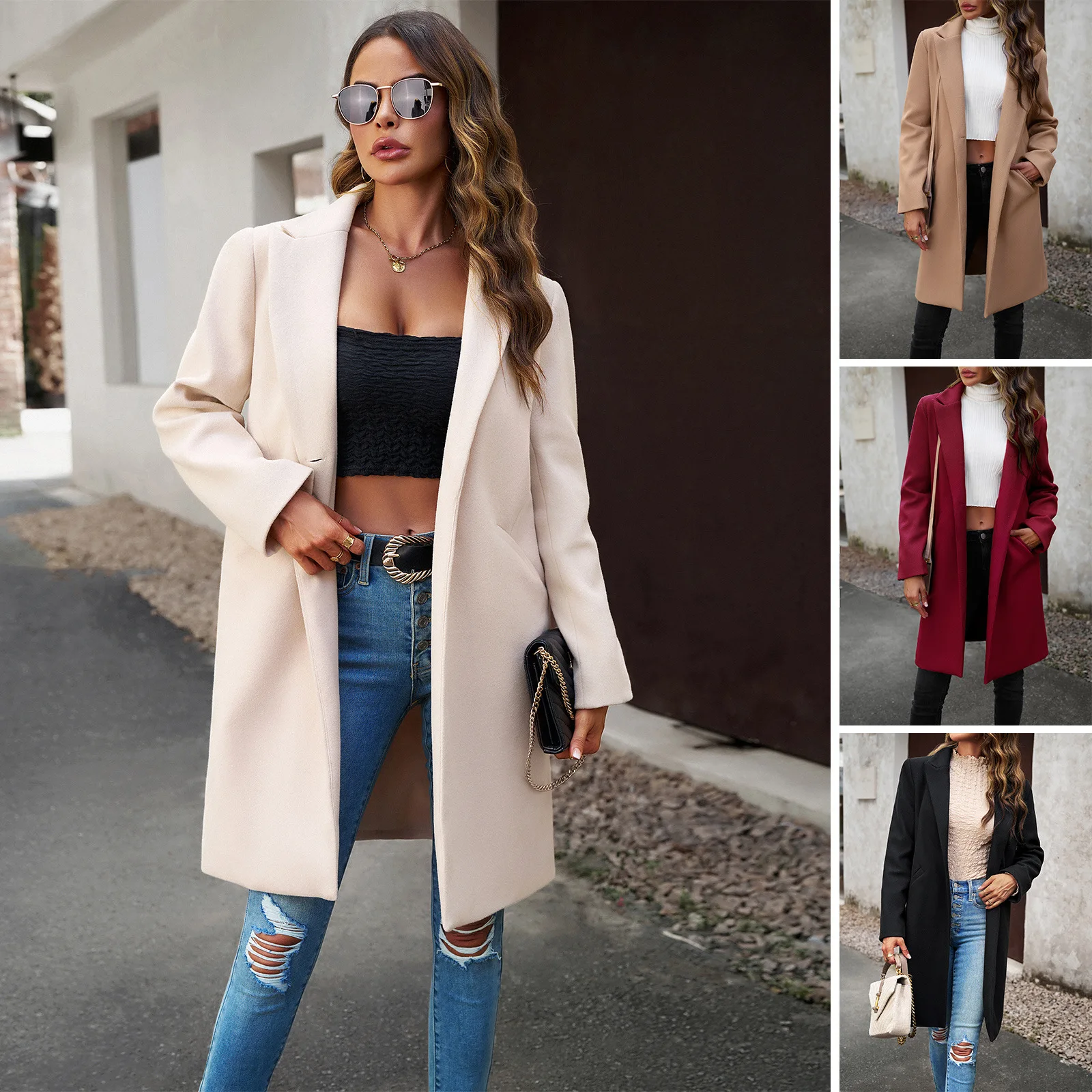 

cross-border Amazon woolen coat autumn and winter foreign trade solid color temperament commuter cardigan coat