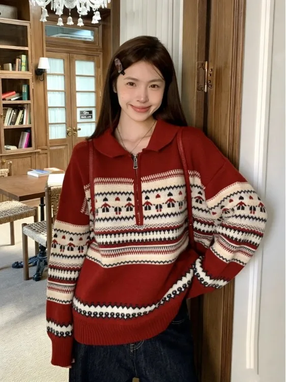 

plus Size Cisas Red Zipper Collar Knitwear Women's Autumn Winter Loose Versatile Knitted Top Korean Sle High Waist