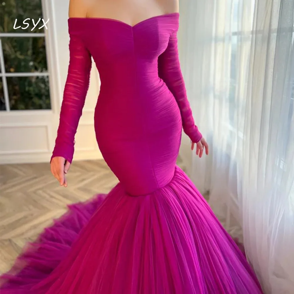 LSYX Mermaid Off the Shoulder Evening Gown 2024 Pleat Long Sleeves Backless Mono Simple Tulle Prom Dresses Robes De Soiree