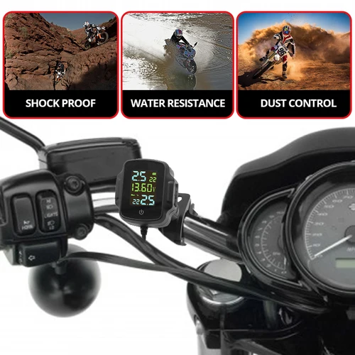 Imagen 2 del producto TPMS de motocicleta con carga rápida QC 3,0, salida USB, sistema de Monitor de alarma de presión de neumáticos de motocicleta, sistema de alarma de temperatura de neumáticos