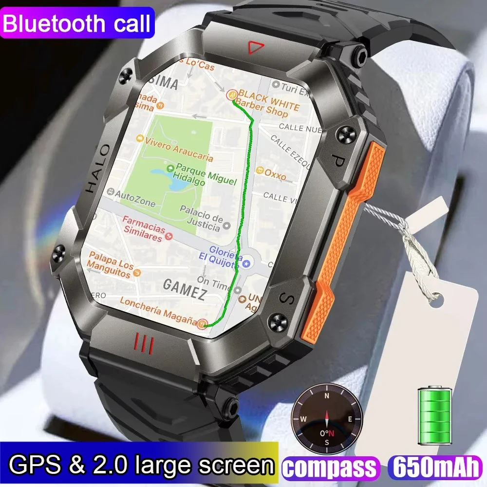 Reloj inteligente con pantalla grande de 2 pulgadas, llamada Bluetooth, brújula para hombres, 650mAh, relojes para deportes al aire libre, barómetro de Fitness, reloj inteligente con altitud