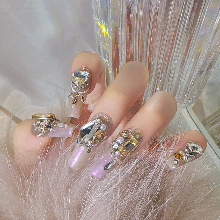 Luxury Handmade Fake Nails Sparkly Diamond Designed Long Coffin Press on Nails Ballerina Wearable False Nails Tips for Women