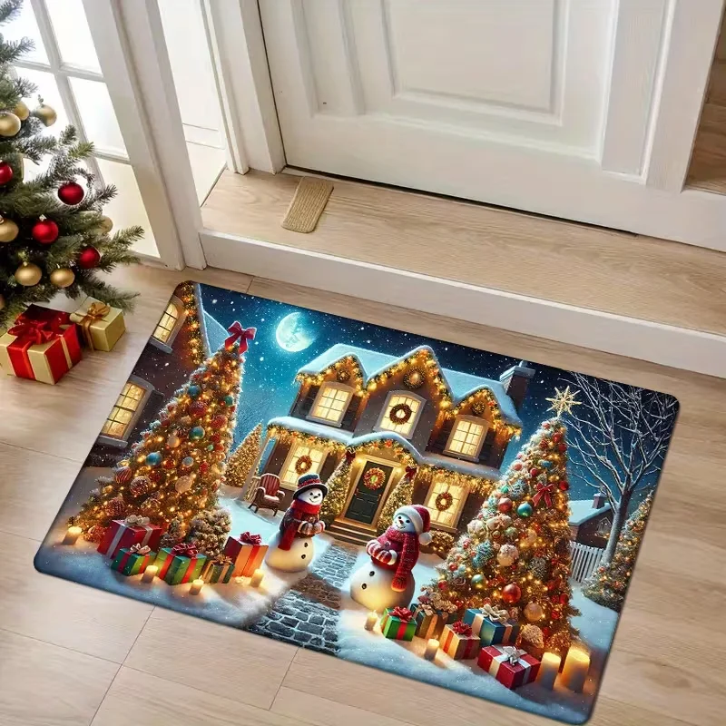 Rectangle Yorkshire Terrier Dog Christmas Print Doormat Non Slip Xmas Home Entry Mat Indoor Bedroom Holiday Decor Floor Rug