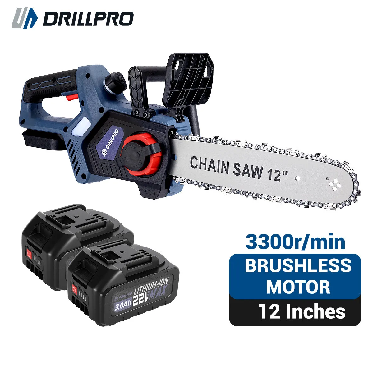 Drillpro-Motor sin escobillas inalámbrico de 12 pulgadas, motosierra eléctrica con batería de litio de 3300r/min, 22V, 3,0Ah, adecuada para baterías Mak