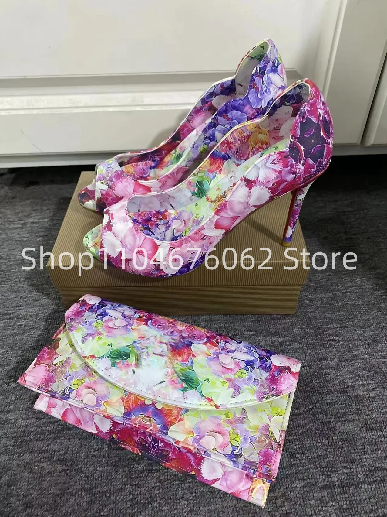 

Elegant Spring 2025 Women's Flowers Multi-color Peep Toe Stiletto Heels Wedding Women Single Shoes Matching The Same Color Bag