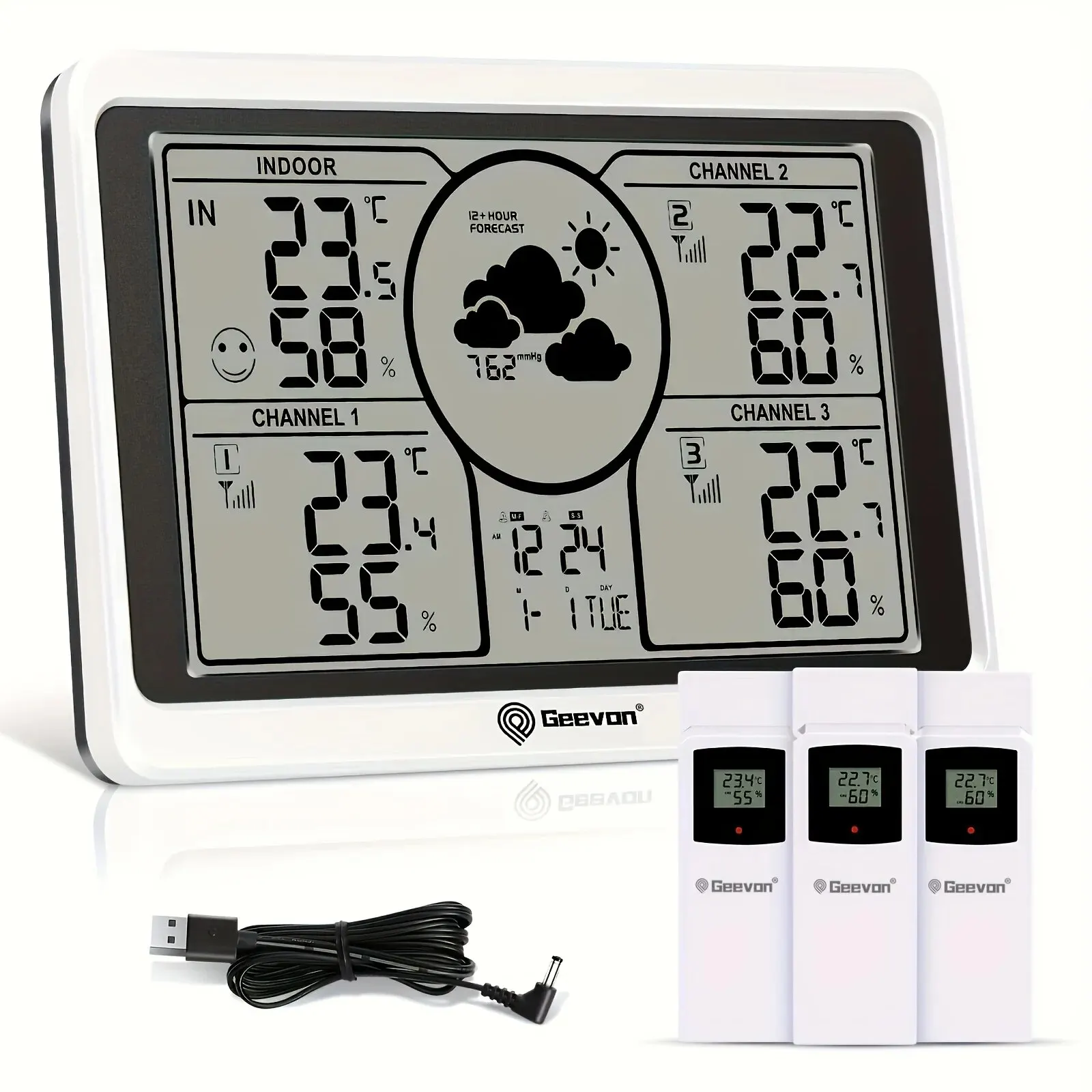 Geevon termometro per interni ed esterni Wireless con 3 sensori remoti, stazione meteorologica con ampio Display LCD e adesivi per etichette fai da