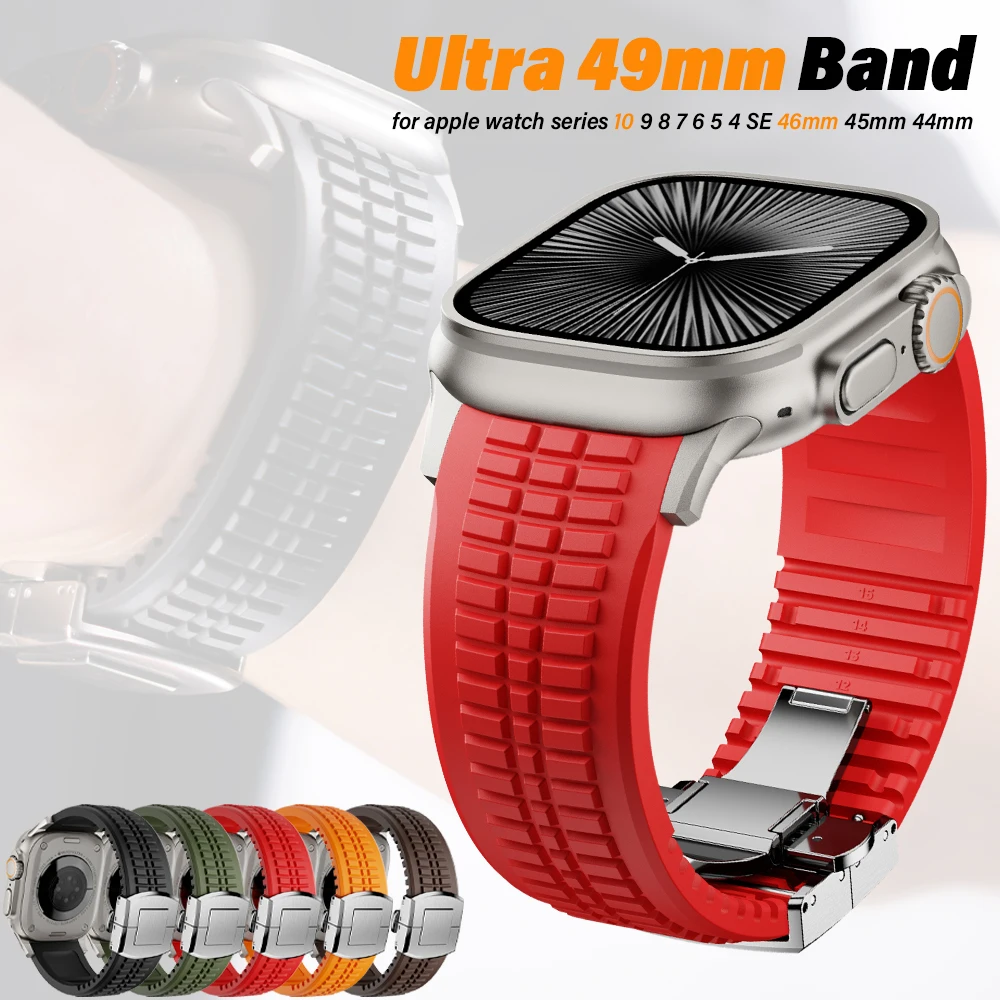 

Красный силиконовый ремешок для Apple Watch Ultra Band 49 мм 46 мм 45 мм 44 мм Браслет с застежкой из нержавеющей стали 316L для серии 10 9 8 7 6 5 4