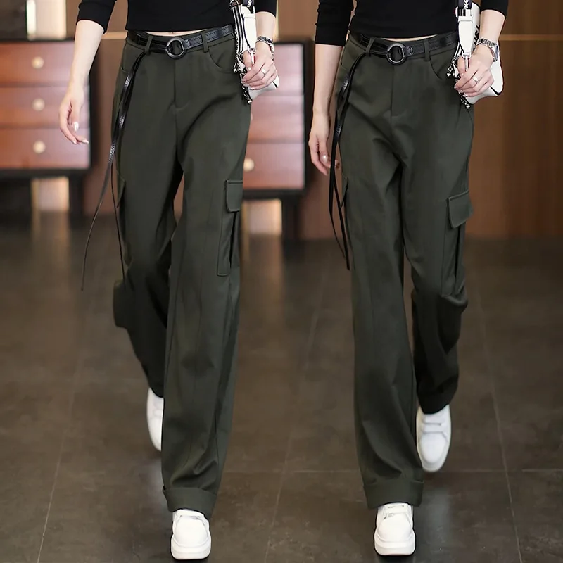 

Модные повседневные широкие брюки-карго для женщин, осенние новые утягивающие прямые брюки длиной до пола с высокой талией и несколькими карманами