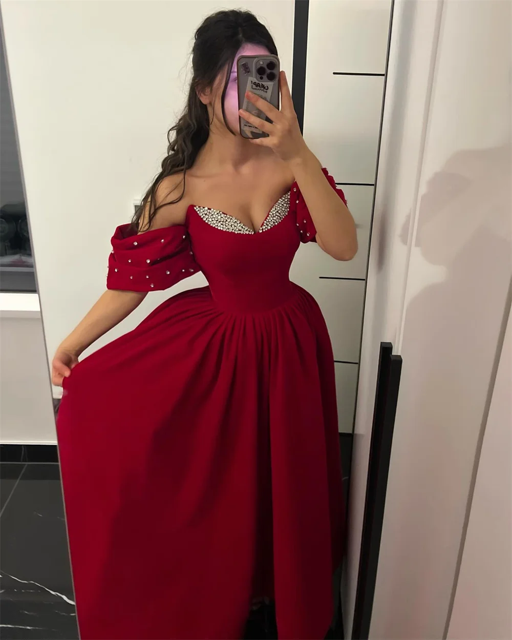ミラ オフショルダー プロムドレス ラインストーン ボールガウン カスタマイズされたイブニングドレス 足首までの長さのレッドドレス vestidos de gala 2025
