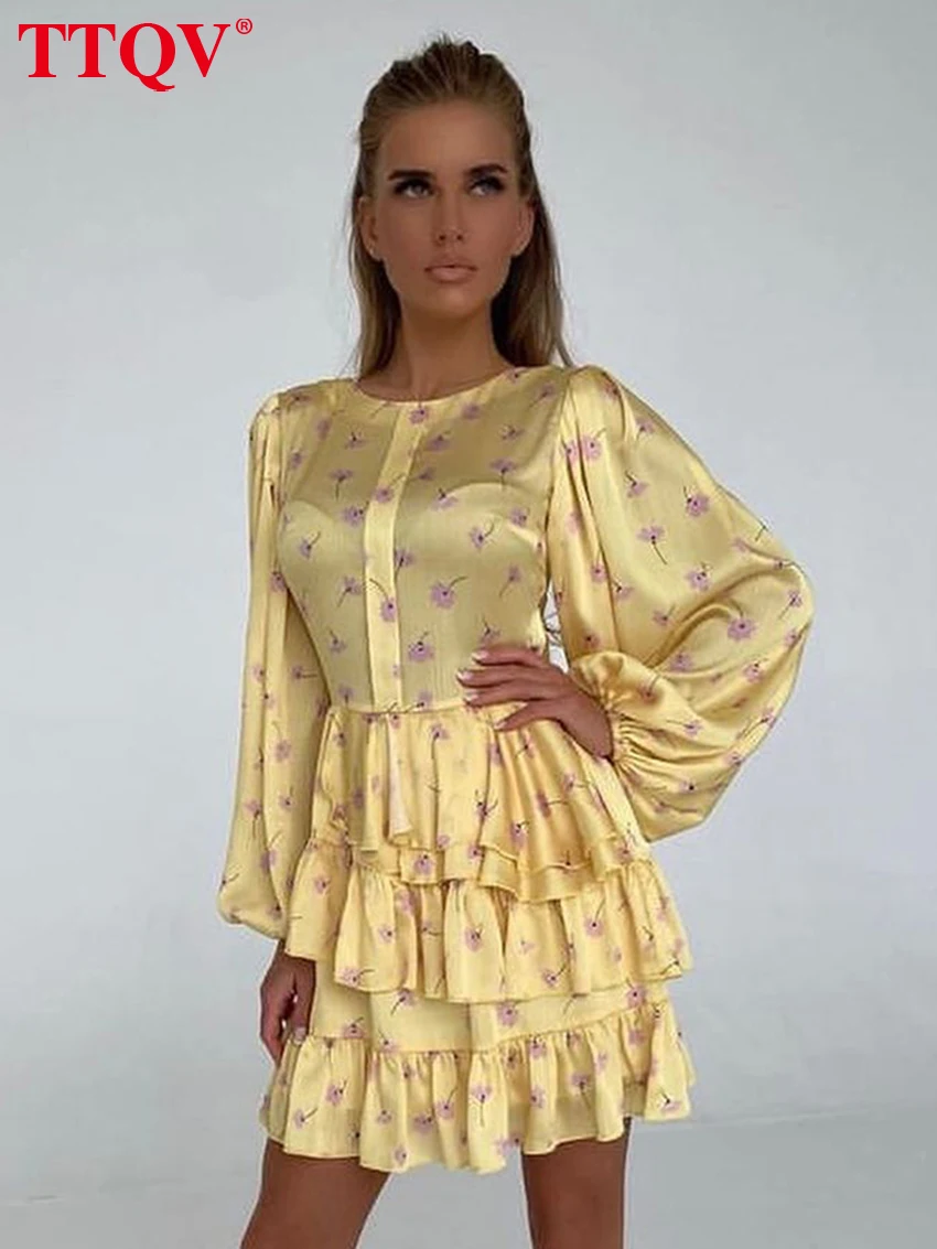 

TTQV Fashion Loose Print Women Dress 2026 Casual O-Neck Puff Sleeve Mini Dresses Elegant Classic Pleated Female Dress Streetwear