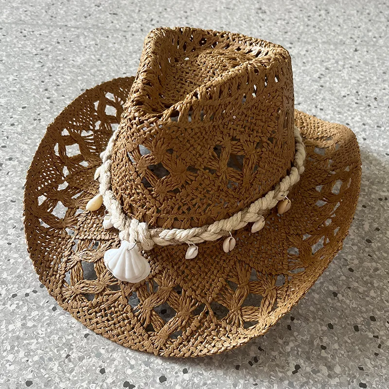 1PC Summer Hand Woven Straw Hat for Women Shell Decoration Holiday Beach Sun Hat Chapeu Panama Feminino