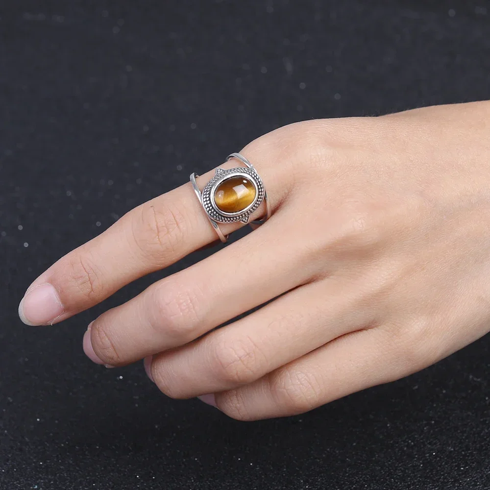 

Luxury Natural 8*10MM Tiger's Eye Stone Rhodochrosite Rings,Vintage Gemstone Jewelry Gift 925 Silver Plated Ring for Men Women