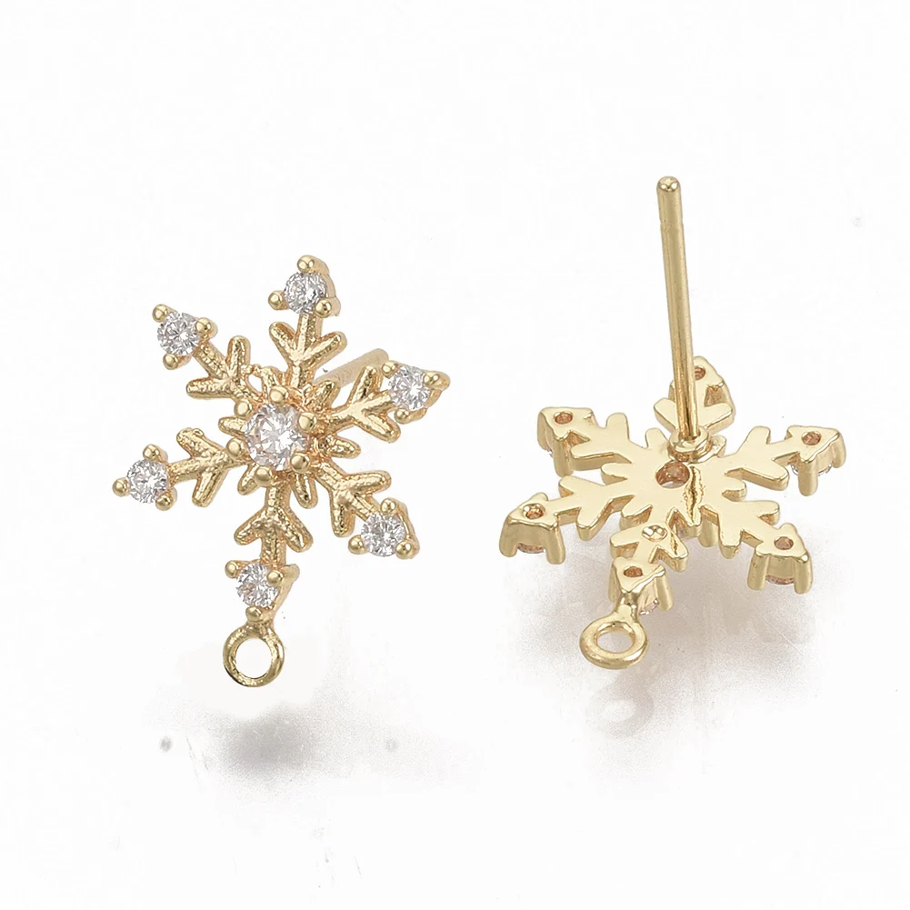 30pcs Christmas Theme Snowflake Ear Posts Brass Zirconia Stud Earring Findings with Loop for Women Jewelry Making Diy Supplies