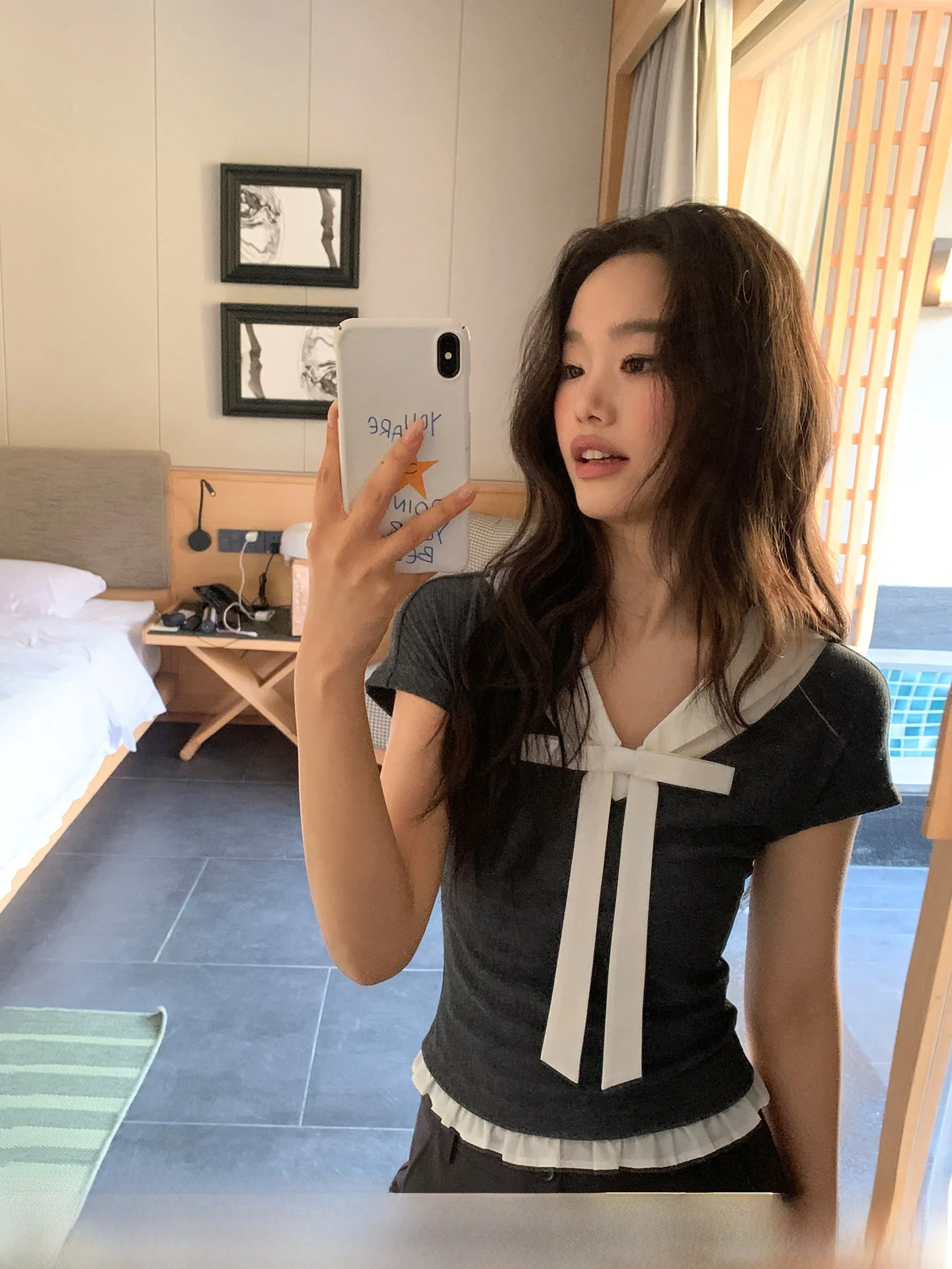 

Футболка Deer Happy с коротким рукавом, бантом и V-образным вырезом, в стиле колор-блок, повседневная одежда для женщин, полиэстер, нейлон, спандекс, хлопок, лиоцелл