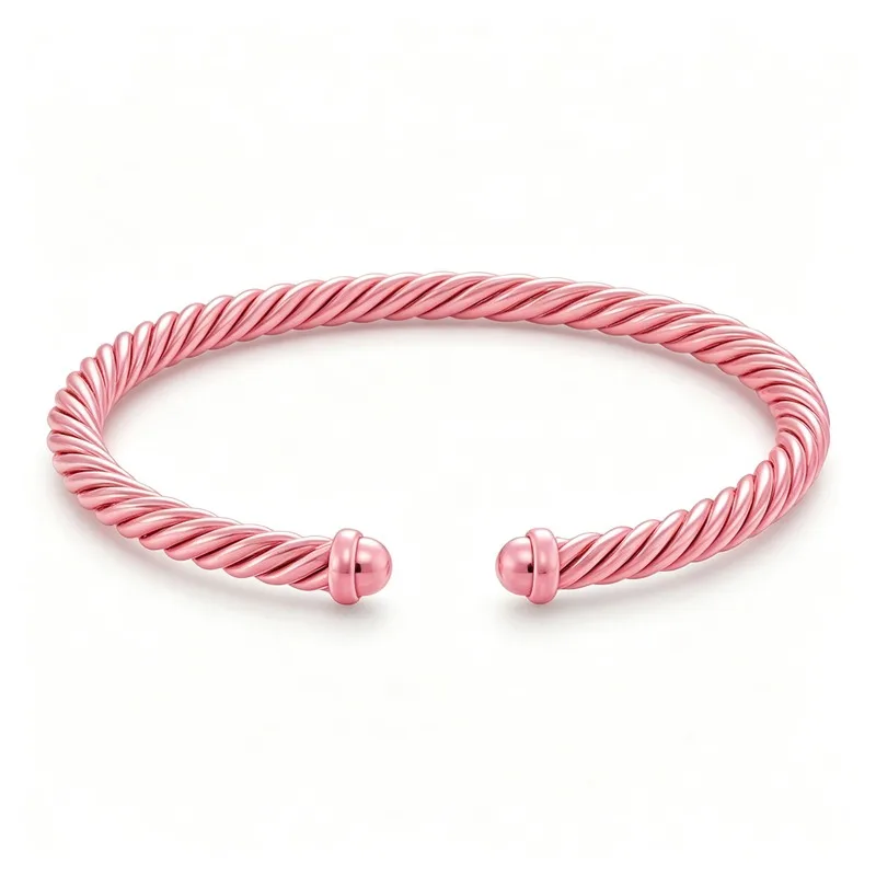 Women Pink Aluminum Classic Cable Bracelet 4mm, Twisted Open Cuff Bangle with Ball Ends, Minimalist Daily Jewelry Gift